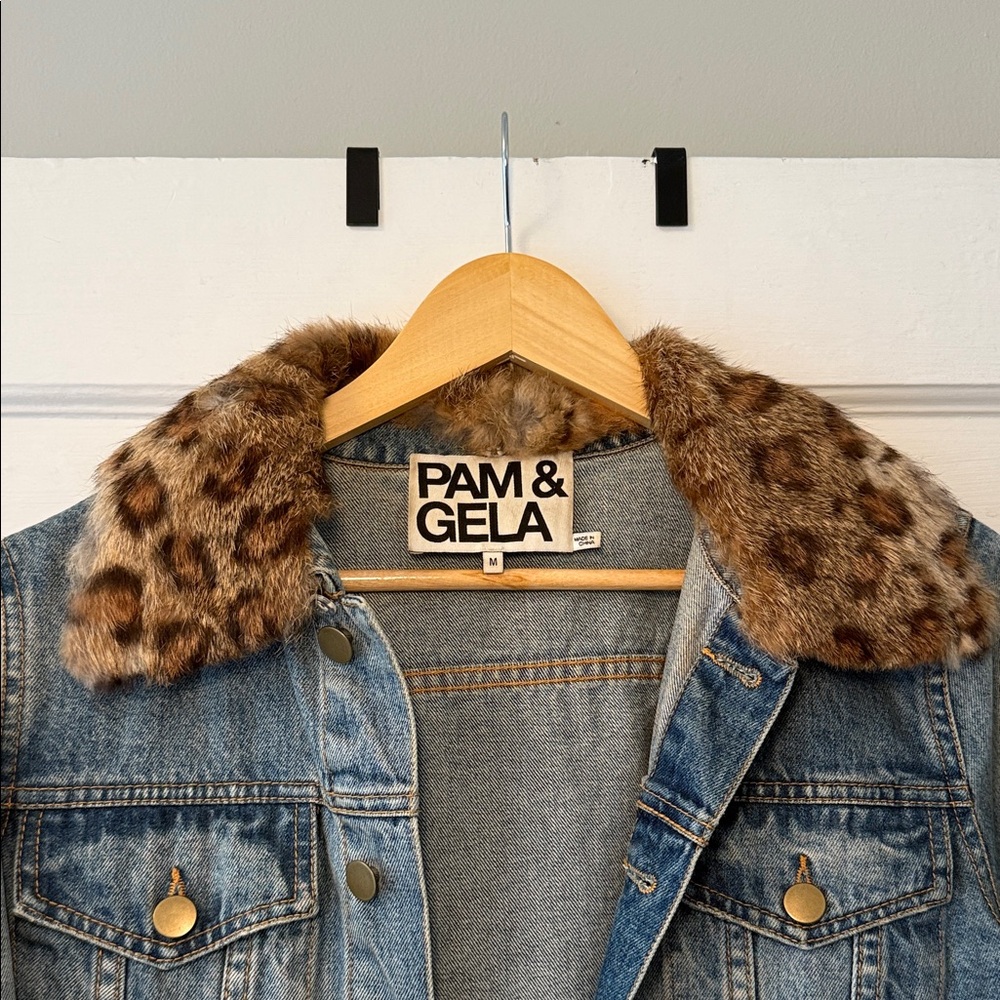Pam & Gela 2010s Denim Jacket with Removable Leopard Print Rabbit Collar - Picture 2 of 6